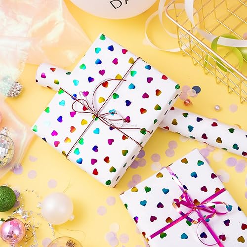 Miniatura 4 de LeZakaa Rollo de papel de regalo de San Valentín, diseño colorido holográfico impreso de corazones para cumpleaños, aniversario, baby shower,