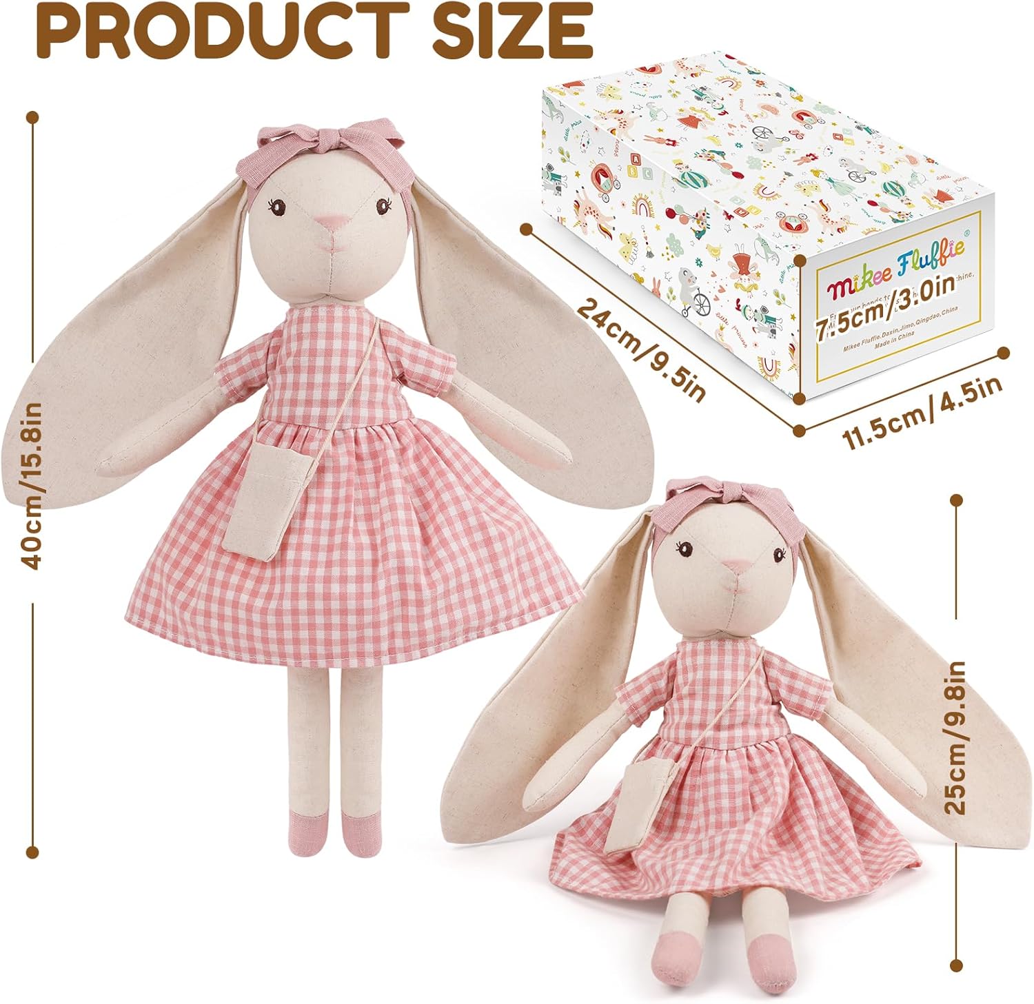 15" Bunny Stuffed Animal for Girls, Plush Toy Doll -Wearing Pink Plaid Dress,Cute Doll Set Dress Up for 3 4 5 Year Old Girl - Gift for Little Girl, Birthday, Easter,Christmas