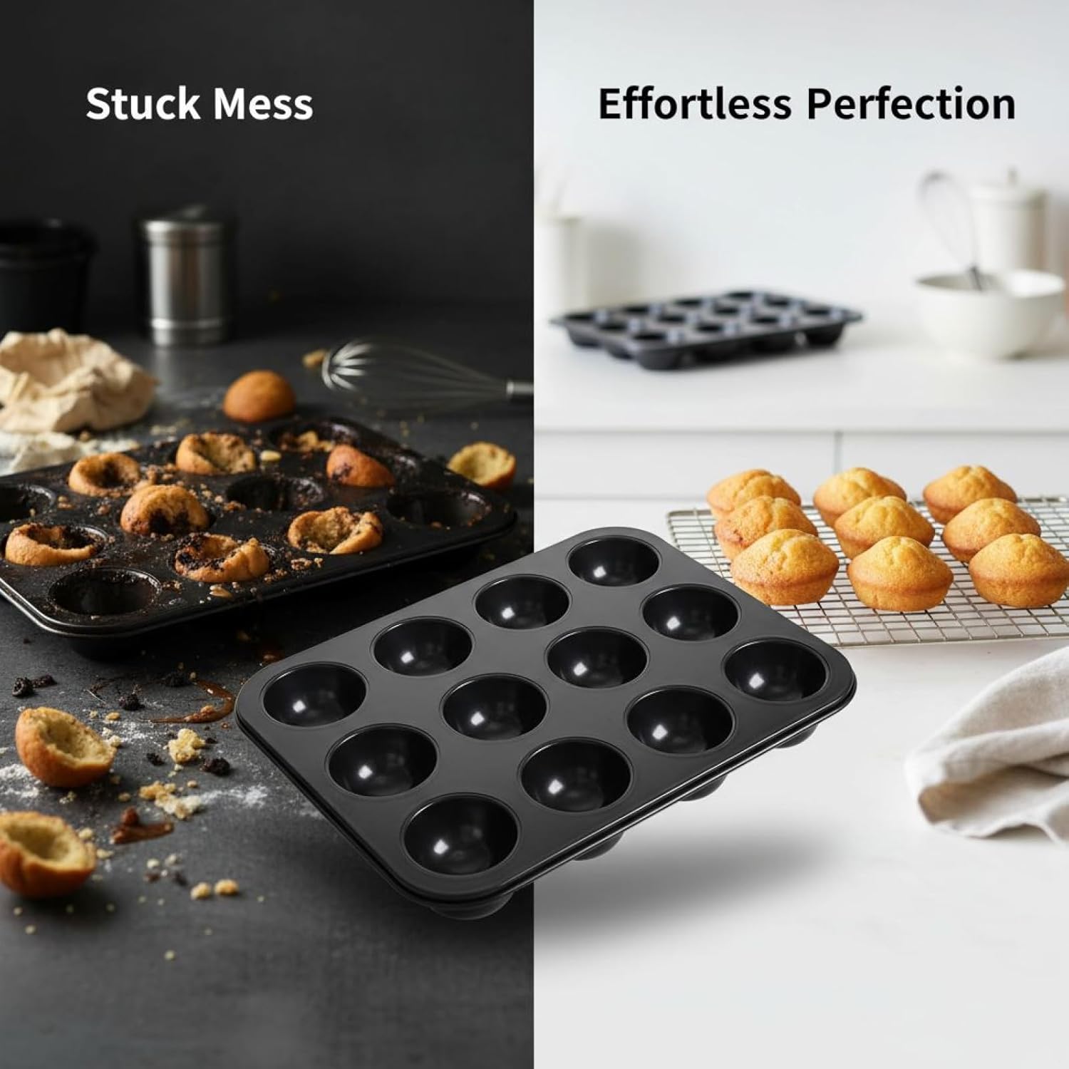 12-Cup Mince Pie Baking Pan, Non Stick Carbon Steel Half Round Muffin Mould, 15 X 11.4 in / 38 X 29 Cm Baking Tray for Cakes, Bread, Pudding