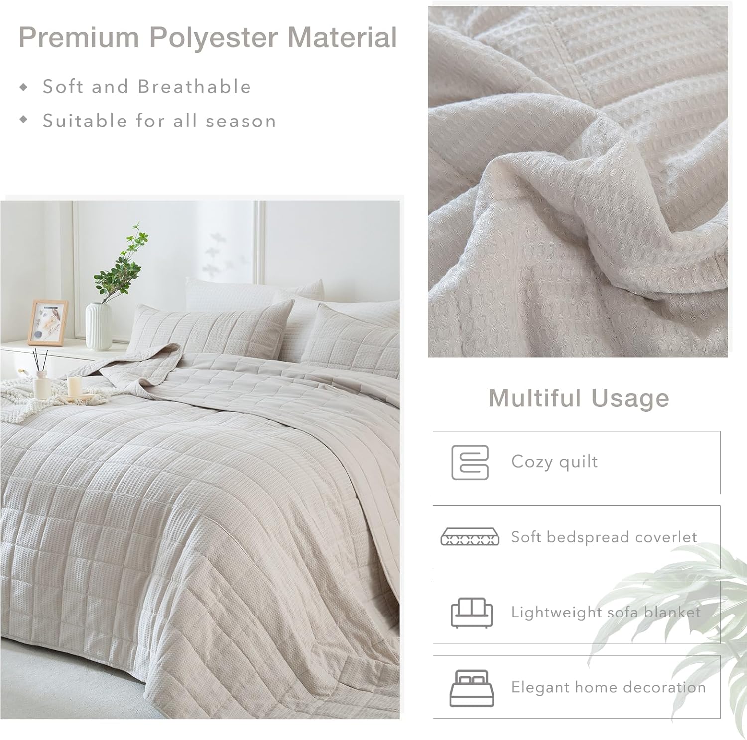 Masaca Oversized King Bedspread 120"x120",Light Khaki Waffle Weave Quilt Set 3Pcs Soft Lightweight Oversized King Quilt Bedding Set Farmhouse Luxury Wheat Bedding Coverlet for All Season - Image 4