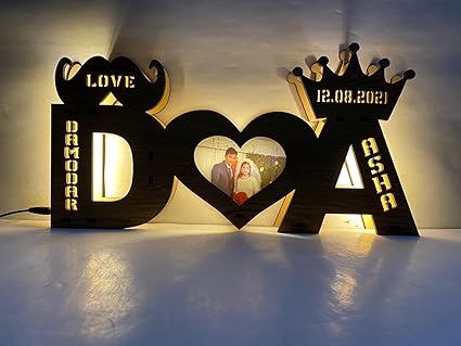 apnaphoto Wooden Couple Alphabet Lamp Customized with Any Alphabet & Name (18x2x9 Inch, Brown) - Pack of 1 Gift For Marriage Wedding Anniversary Husband Wife engagement