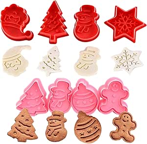 KAISHANE Christmas Themed MINI Cookie Cutter Embossing Mold Fondant Stamper Set - 8Pcs Plastic spring die Biscuits Pastry Cutter Set 3D Cookie Cake Plunger Cutter Baking Mould