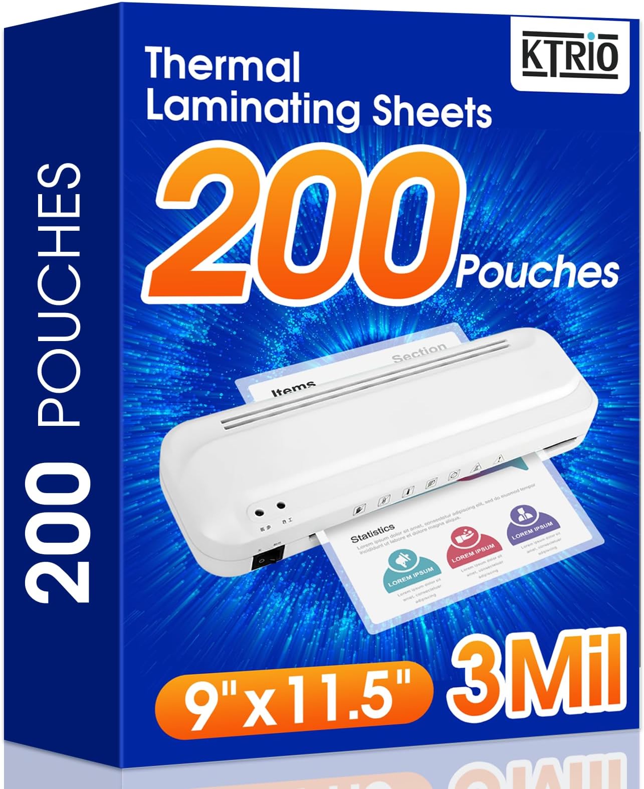 KTRIO 200 Pack Laminating Sheets, Hold 8.5 x 11 Inches, 3 Mil Thermal Laminating Pouches, 9 x 11.5 Laminate Sheets for Laminator, Clear Lamination Sheet Paper, Letter Size, Office School Home Supplies