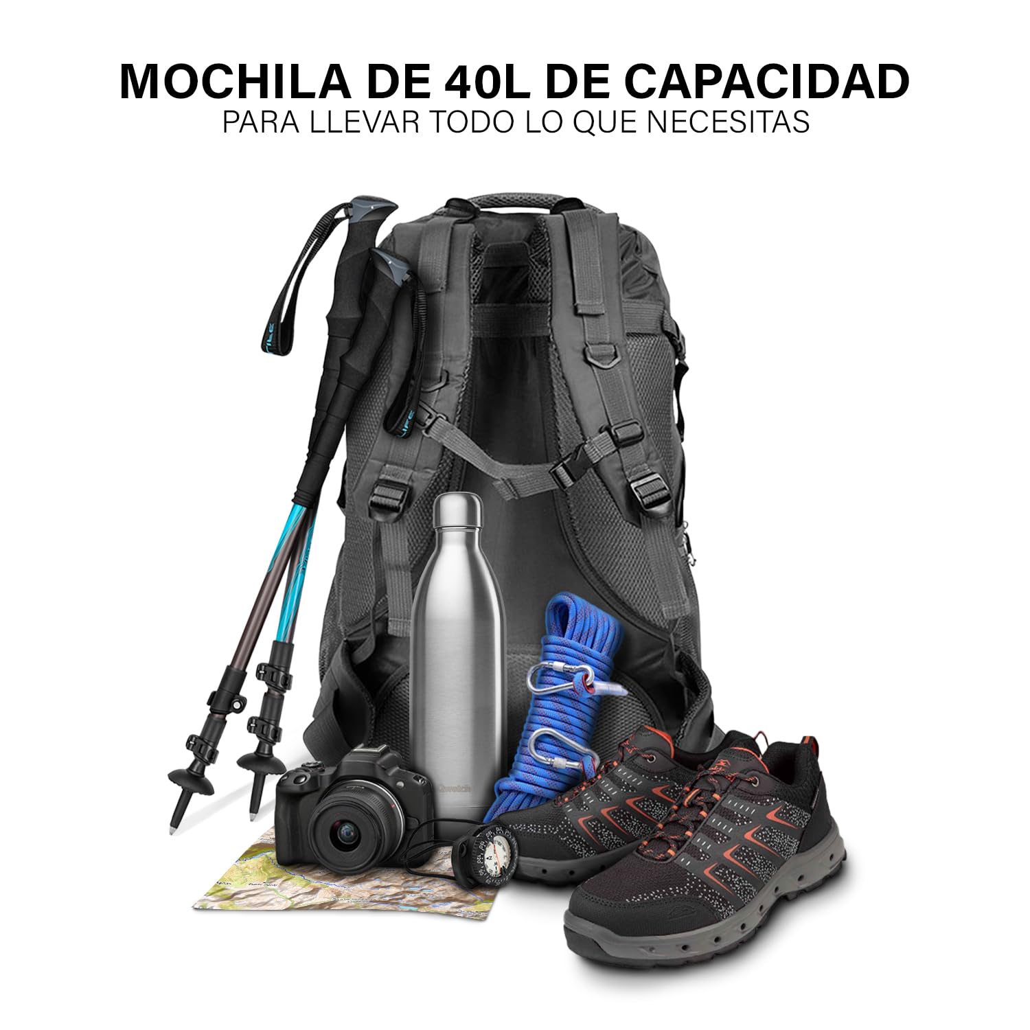 OcioDual Mochila Senderismo 40 Litros, Mochila Trekking, Montaña y Camino de Santiago, Multifuncional, Ligera, Mochilas Hombre para Camping, Acampada, Marcha Nórdica, Supervivencia, Verde