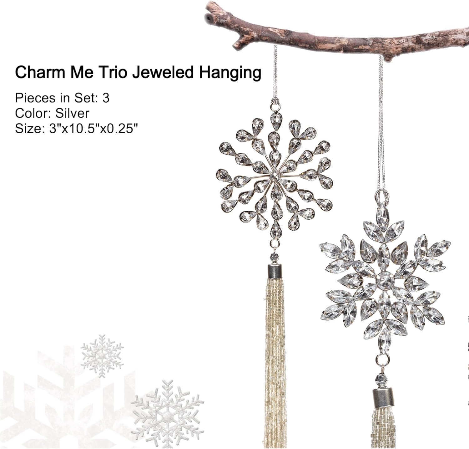 Metal Christmas Tree Ornament, Silver Jeweled Holiday Décor, X'Mas Hanging, Winter Home Décor, Decorative Tree Hanging Gift - Set of 3