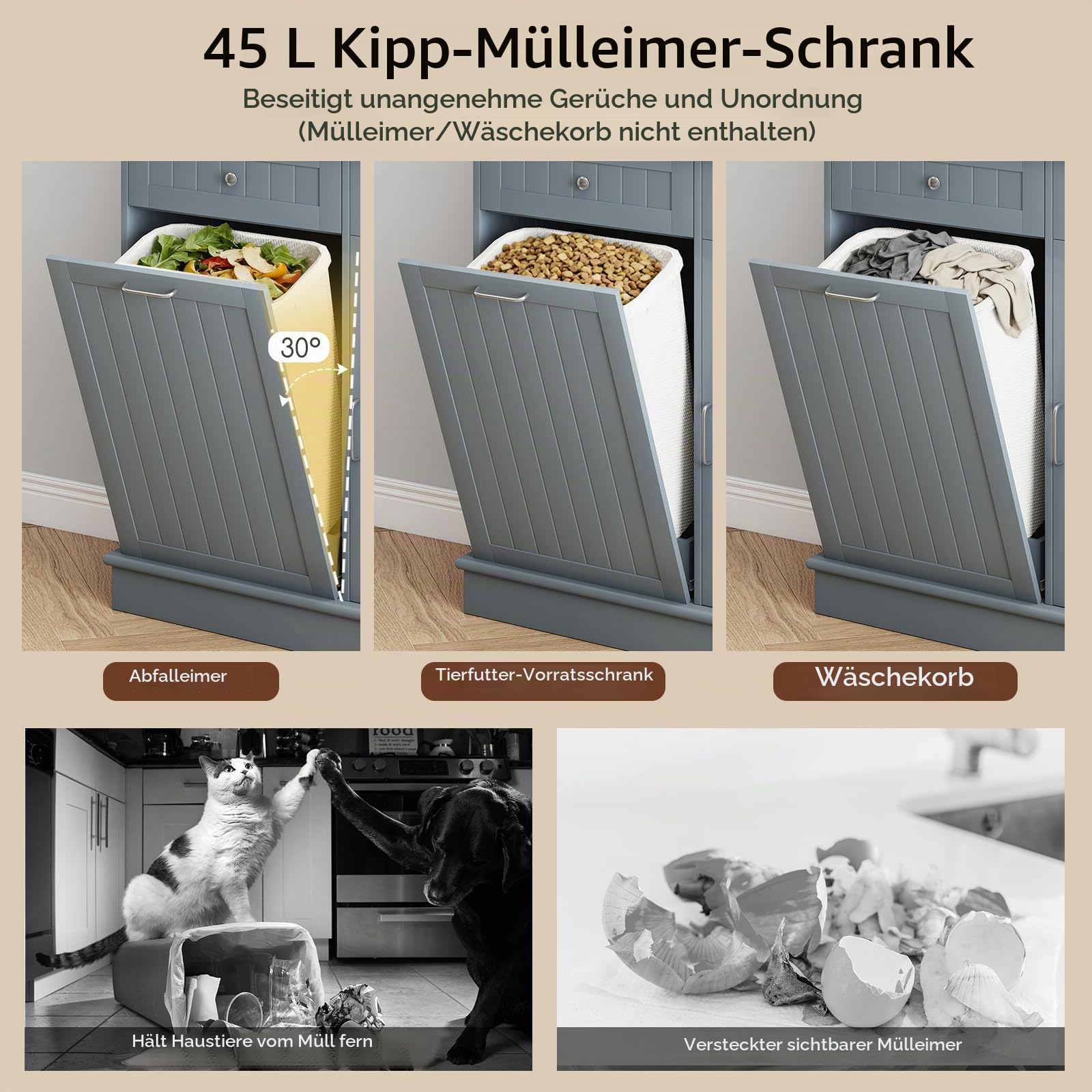 KOMFOTTEU Küchenschrank mit Abfalleimerhalter, Buffetschrank mit Arbeitsplatte aus Gummiholz, Vitrinenschrank Hochschrank mit 2 Schubladen & Schrank, Sideboard mit verstellbaren Regalen (Grau)