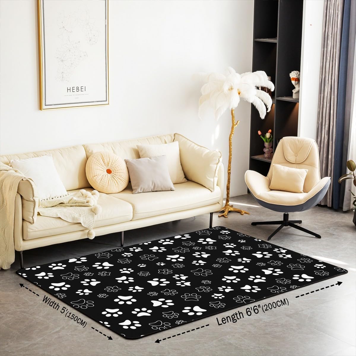 Cartoon Paw Print Area Rug Black White Dog Puppy Paw Print Indoor Floor Mat for Kids Teens Adults Cute Animal Hippie Graffiti Non Slip Rug for Housewarming Sofa 100cm X 150cm X 1cm