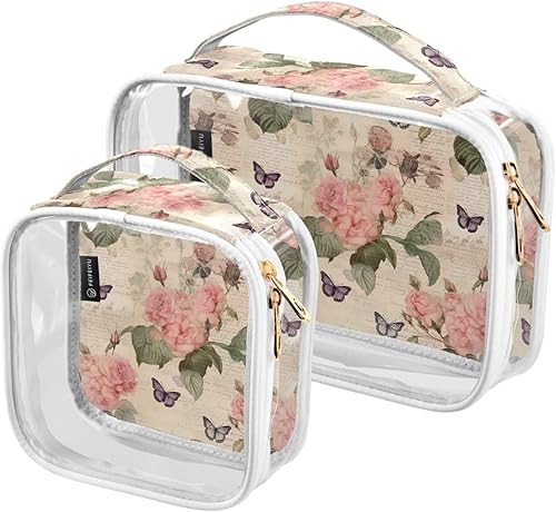 Vintage Paper Roses Butterfly Clear Toiletry Bag for Traveling,2 Pack Makeup Cosmetic Bag with Zipper,Travel Bag for Toiletries,Travel Essentials
