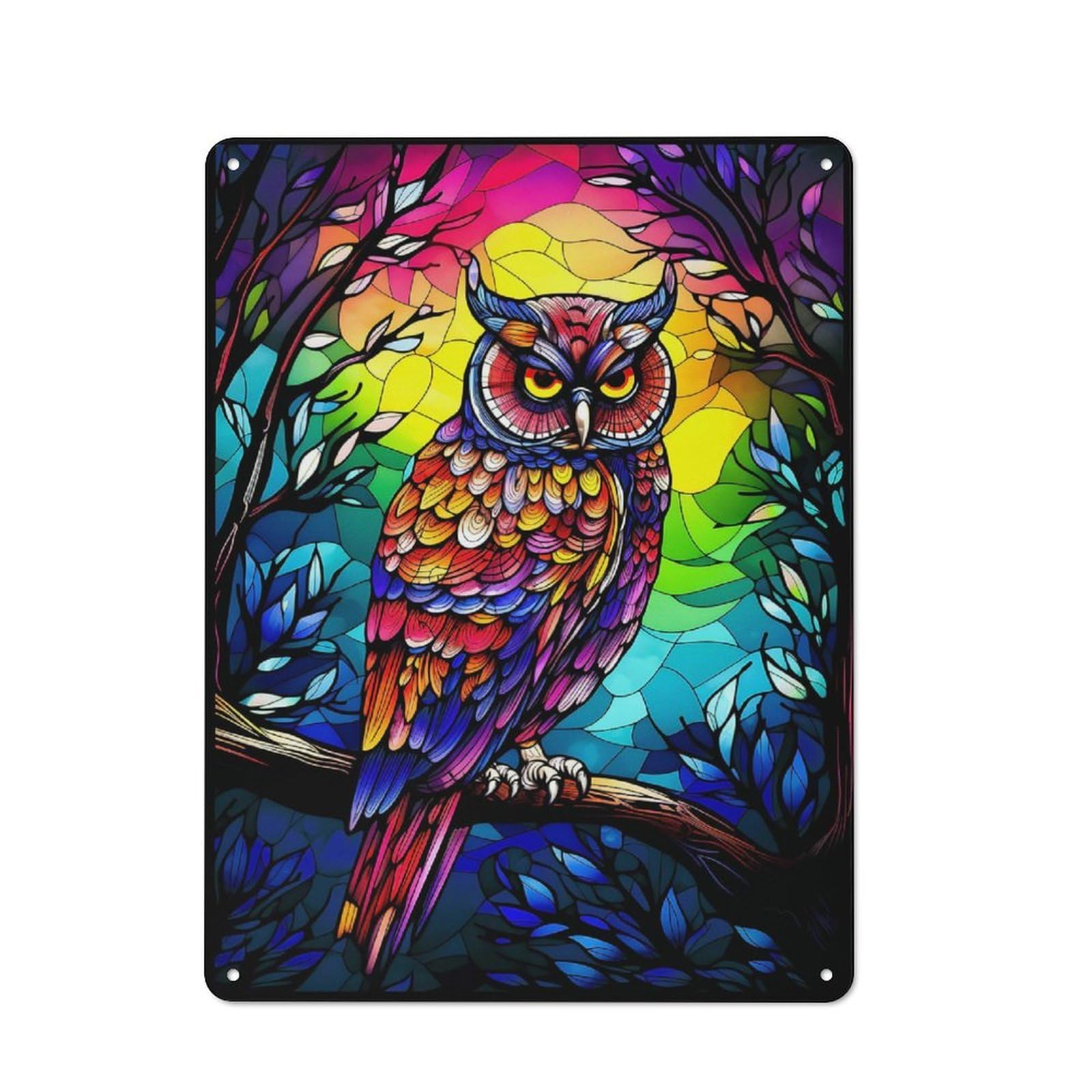 Junmoney Colorful Owl Stained Glass Vintage Metal Plaque 40X30cm For Living Room Or Hallway, A Christmas Gift For People Styling Living Room And Hallway