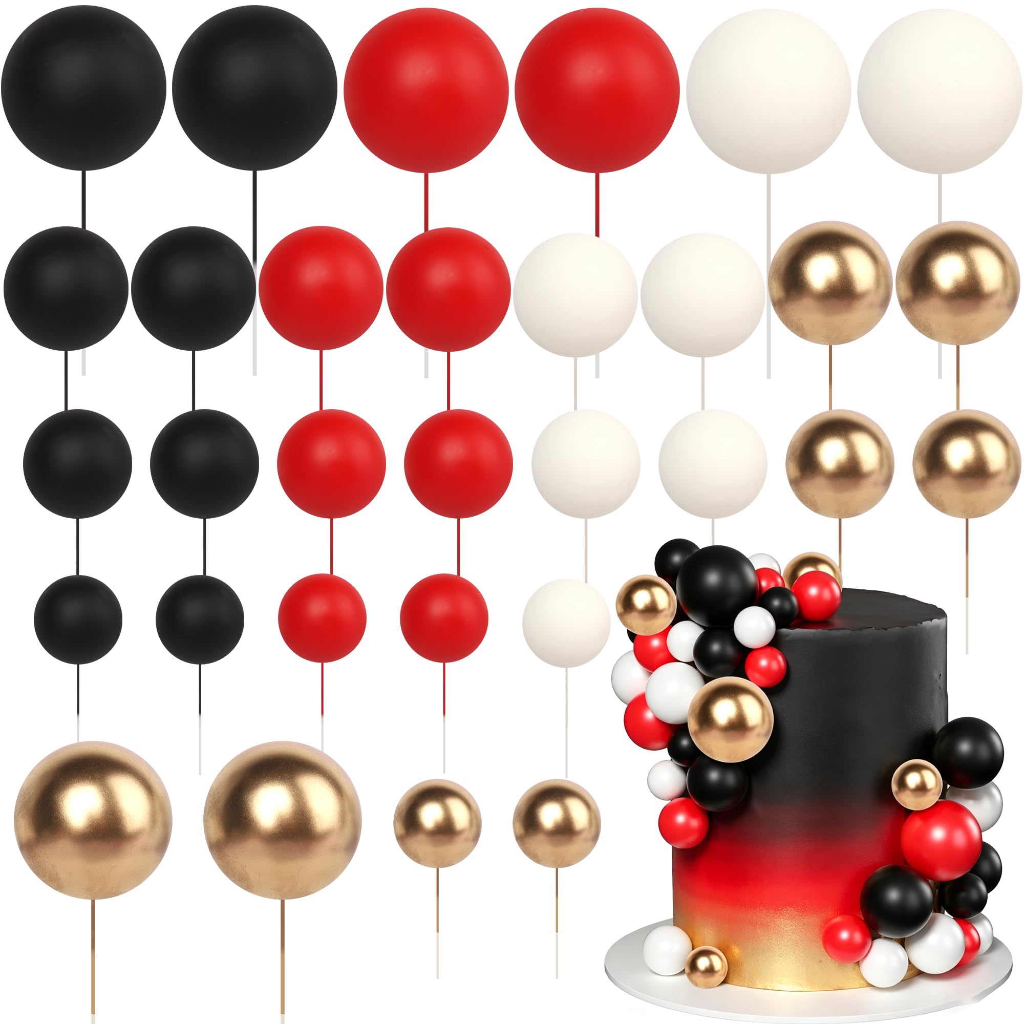 30 Pack Mini Balloon Cake Topper Black Red White Gold Balls Cake Pick Decorations Mix Size Faux Balls DIY Cake Insert Decorations for Baby Shower Wedding Bridal Shower Birthday Party Cake Decorations