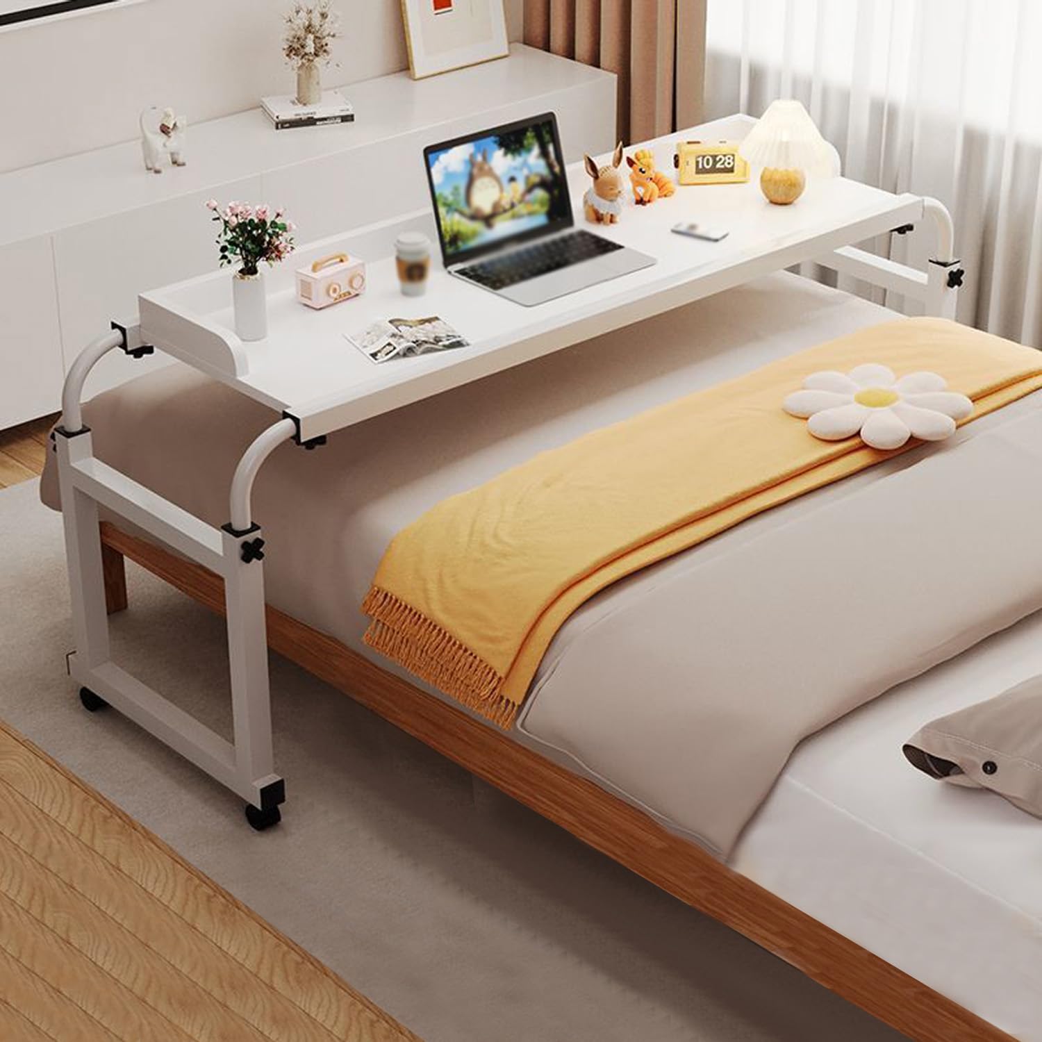 Table à roulettes，Table Basse A Roulette Salon De Lit roulettes Bedtable pour Ordinateur Portable Au sur Médicalisé Repas Grand Plateau Malade Pc(Color:Blanc+)