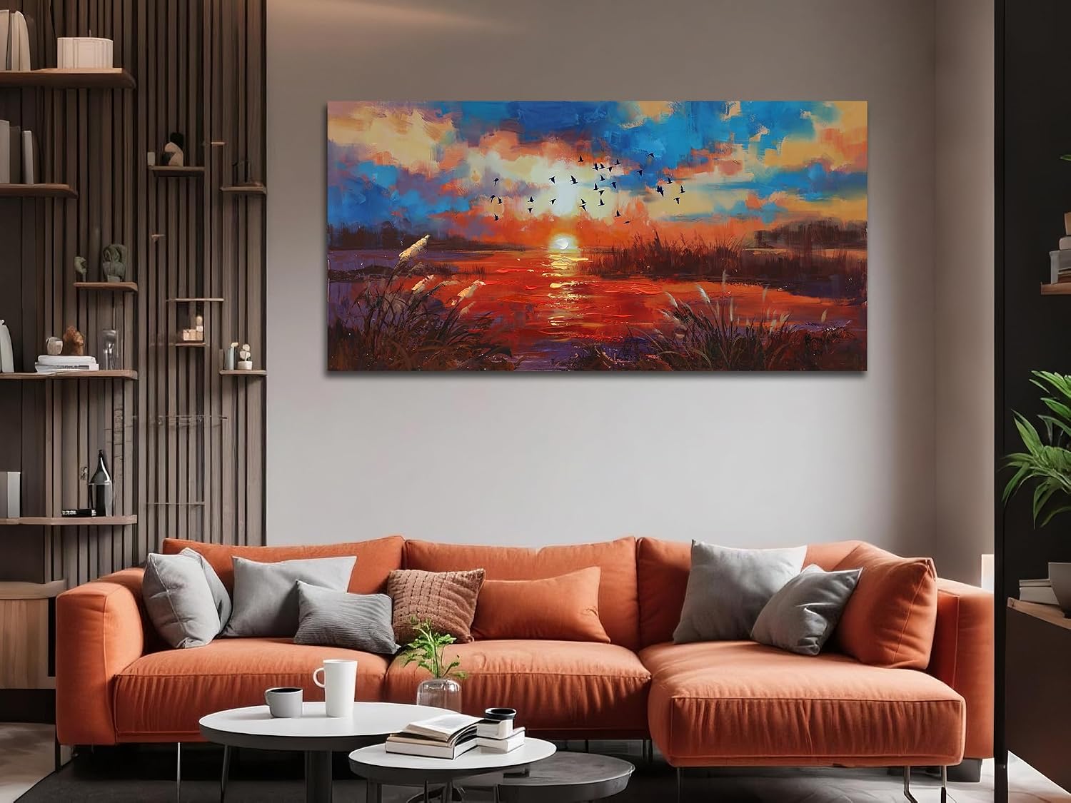 Anolyfi Sunset Wall Art for Living Room, Reed Lake Wall Decor Red Artwork for Men Room Office Home Decor 40"x20"