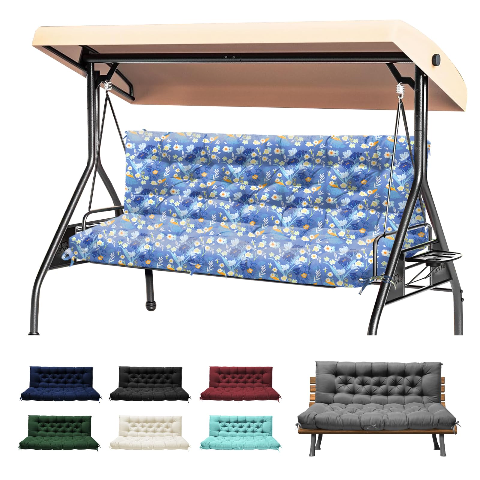 Cuscino spesso per panca da giardino a 2-3 posti, impermeabile, per dondolo da giardino, con schienale, sedia a sdraio da esterno, amaca e portico, con laccetti, per mobili a baldacchino (peonia blu
