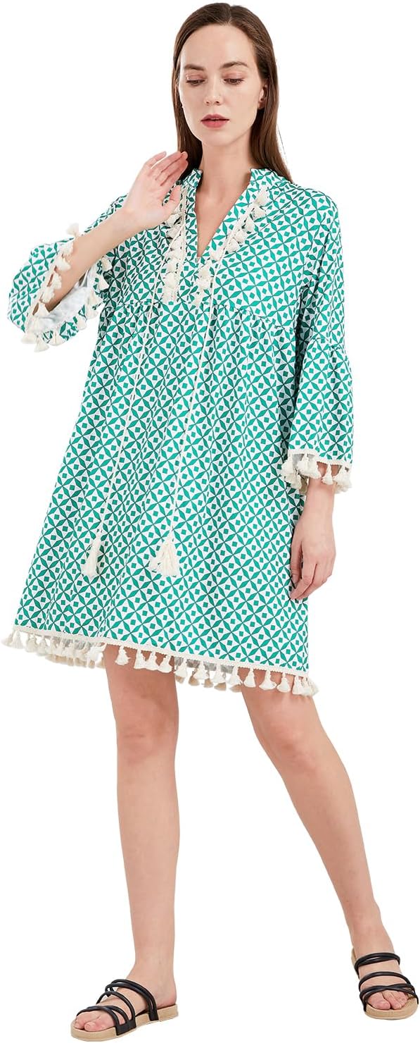 yoeasy Women Print V Neck Tassel 3/4 Sleeve Knit Shift Dress Bohemian Casual Knee Length Dress - Image 4