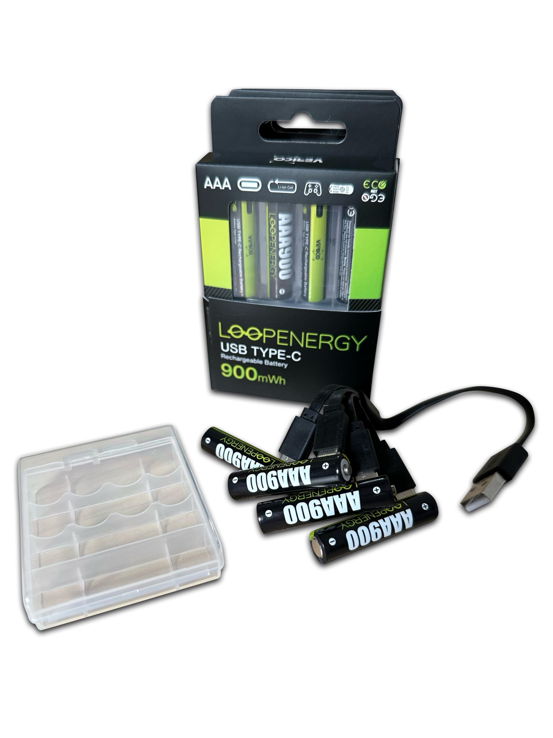 VERICO LoopEnergy AAA 900 - Batteria ricaricabile USB-C AAA 1,5 V, 900 mWh (600 mAh), ricarica rapida tramite connettore USB-C in circa 2 ore, confezione da 12 AAA, 3 cavi da USB-A a 4 USB-C