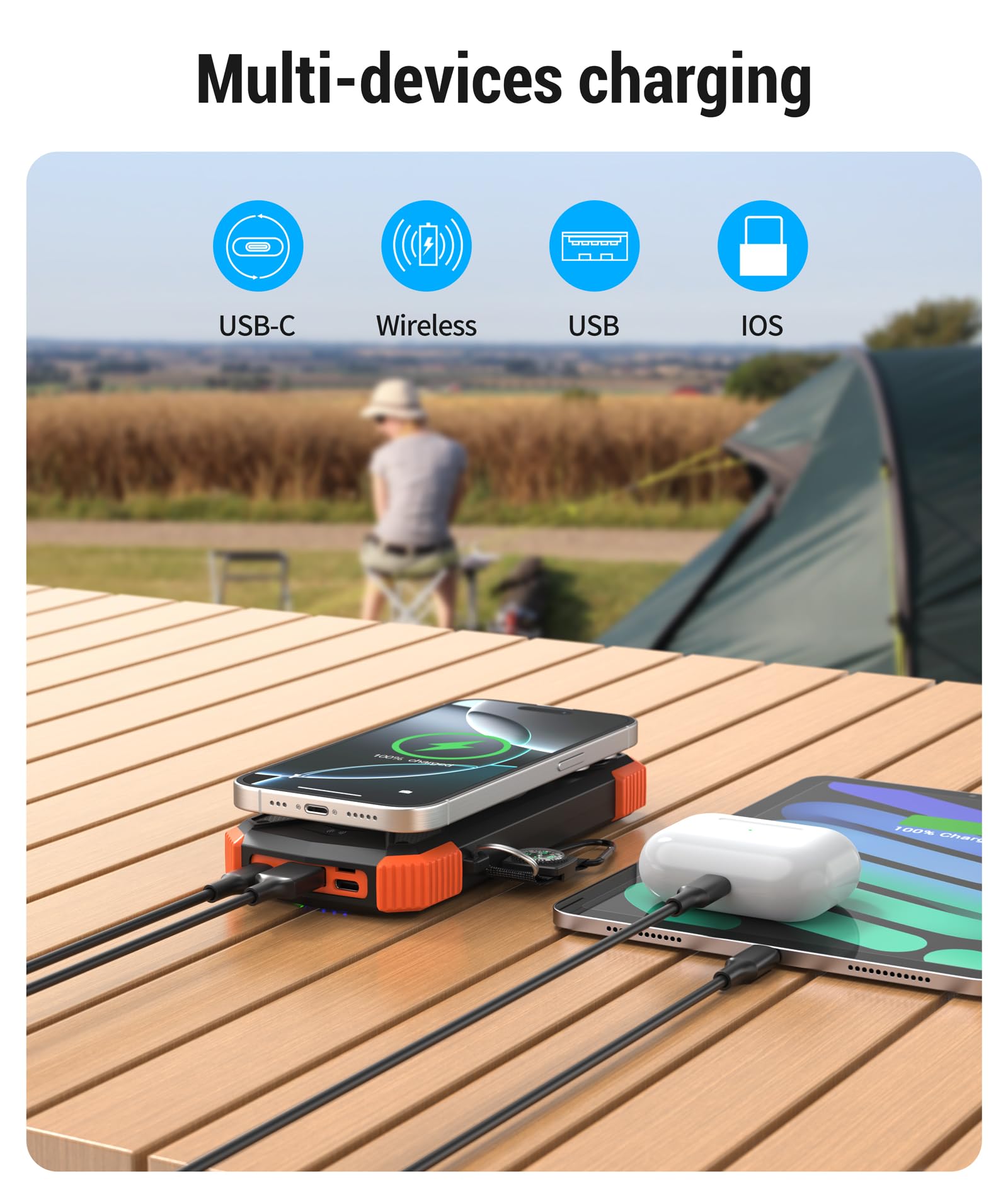 BLAVOR power bank solare 10000 mAh caricatore rapido caricabatterie wireless per esterni portatile Power Bank batteria esterna con pannello solare Micro USB C ingresso per cellulare tablet torcia