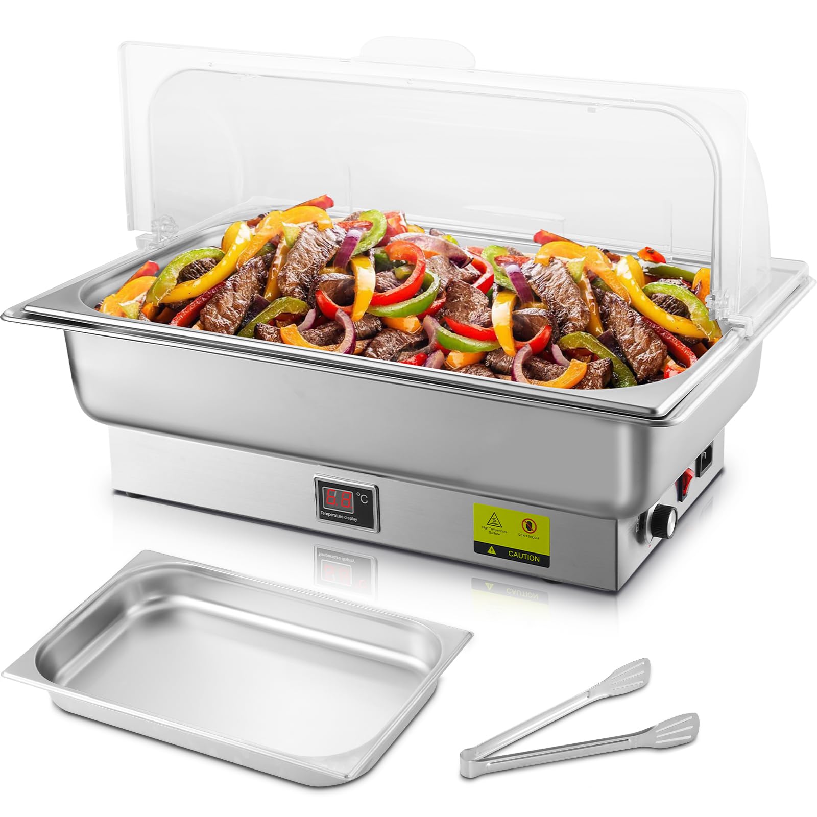 Electric Chafing Dish, 9QT Full Size Electric Chafing Dish Buffet Set with Rotary Knob Adjustable Temp, 700W Electric Buffet Servers and Warmers with Roll Top for Catering