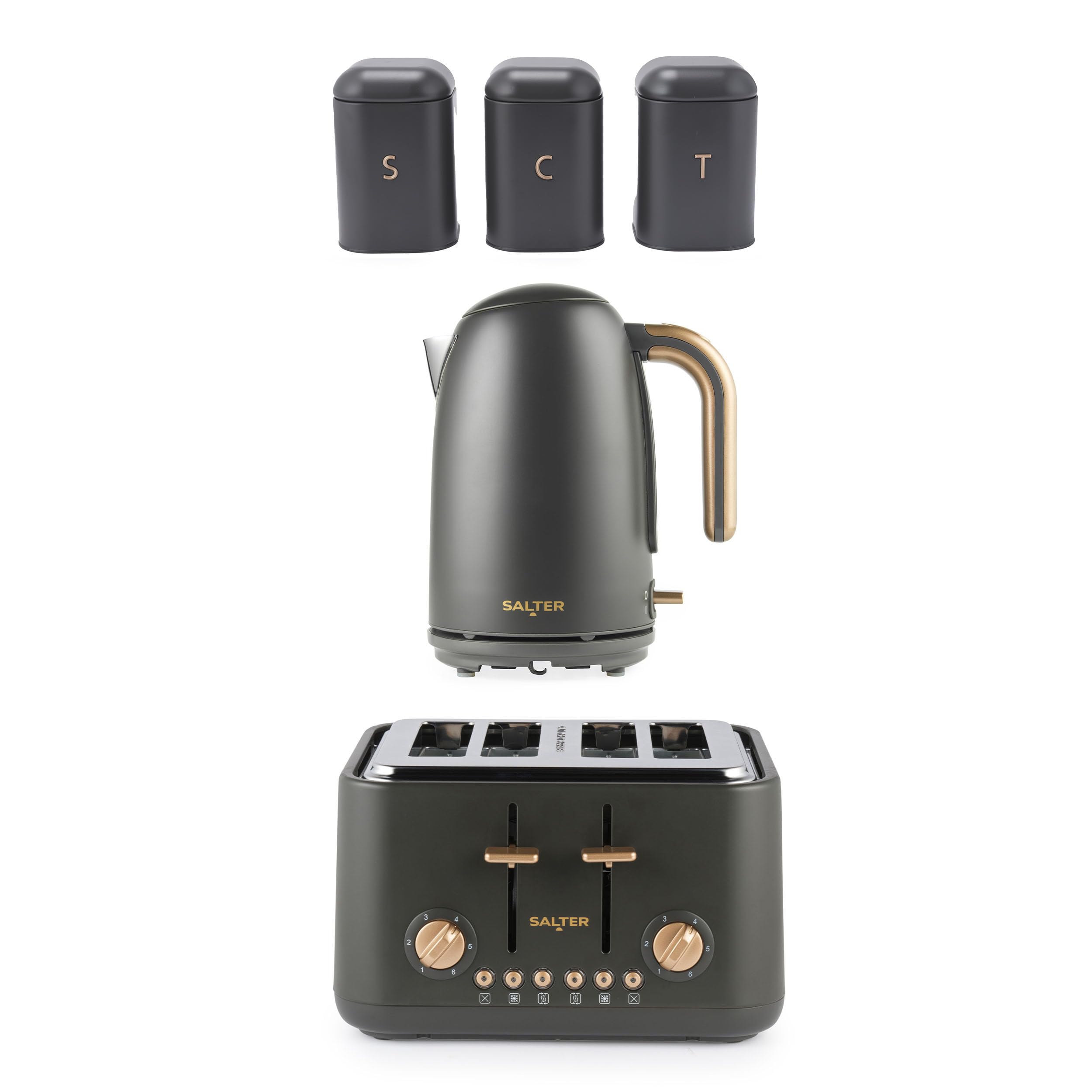 Salter Pebble Kettle, Toaster & Countertop Set - 1.7L Fast Boil Electric Water Kettle, 4-Slice Toaster with 6 Browning Levels, Tea, Coffee, Sugar Canisters, Powder Coated Carbon Steel, Charcoal