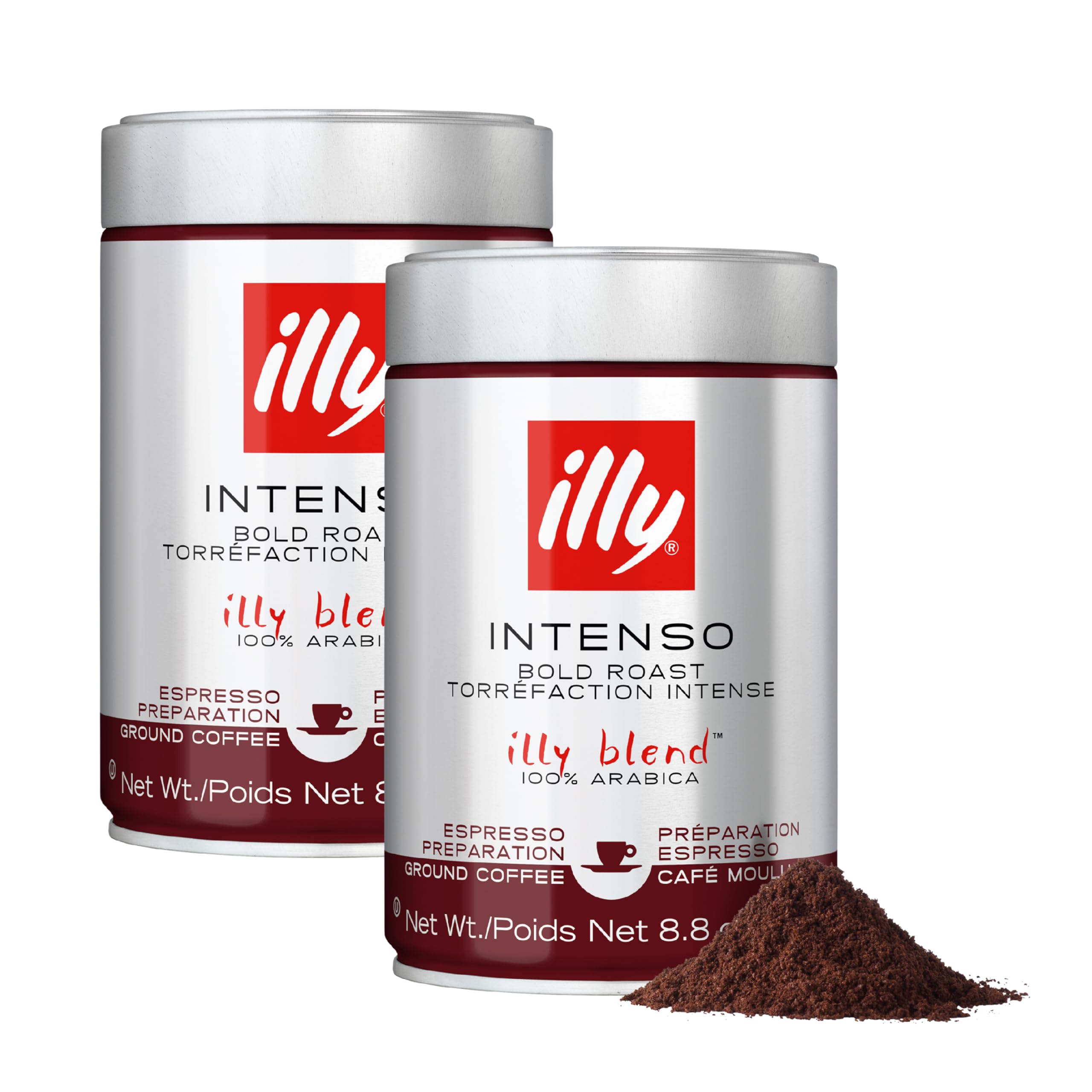 Illy Ground Espresso Coffee, Intenso Bold Roast - Bold & Flavorful - 100% Arabica - Pre-Ground for Espresso - Pressurized Packaging Sealed for Freshness - 8.8oz (Pack of 2)