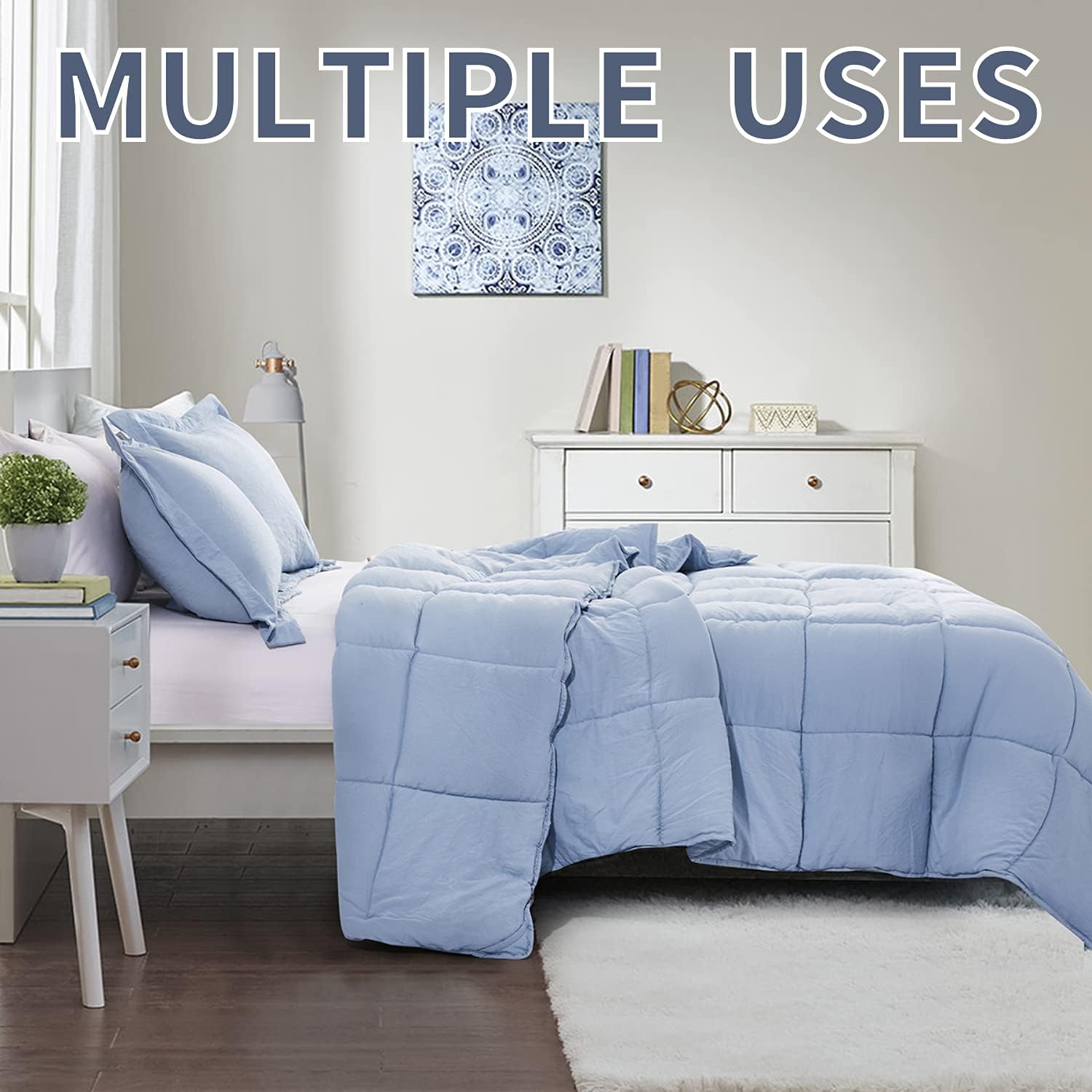 HUAJIE 3 Pieces All Season Down Alternative Quilted Comforter Set with Corner Tabs -Duvet Insert -Box Stitched-Super Soft Fiberfill Chic Farmhouse Style Bedding, Pre-washed Hyacinth Blue, Full&Queen
