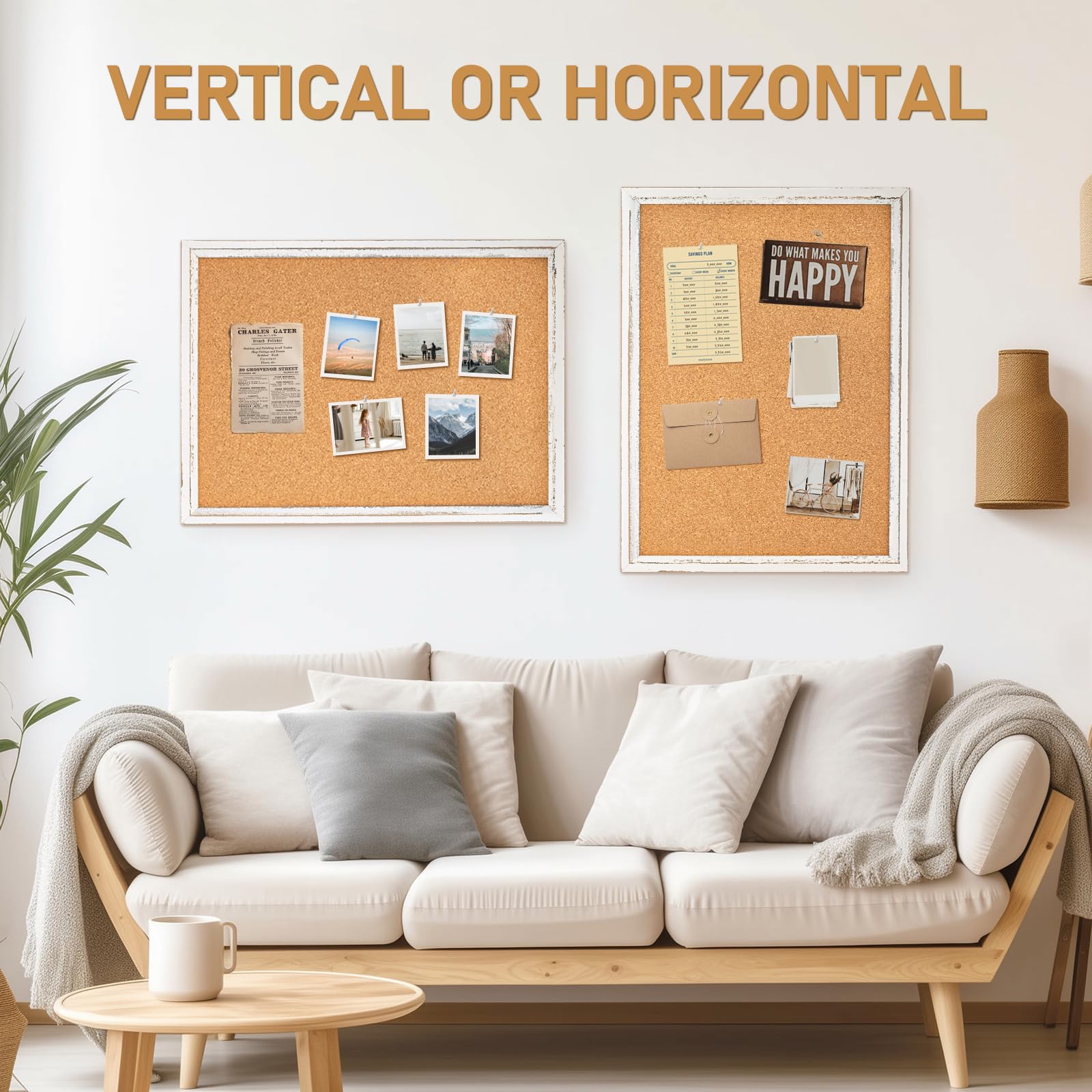 DOLLAR BOSS Weiße Korktafel für die Wand, 91,4 x 61 cm, rustikaler Holzrahmen, Pinnwand, dekorative hängende Pinnwand für Büro und Heimdekoration