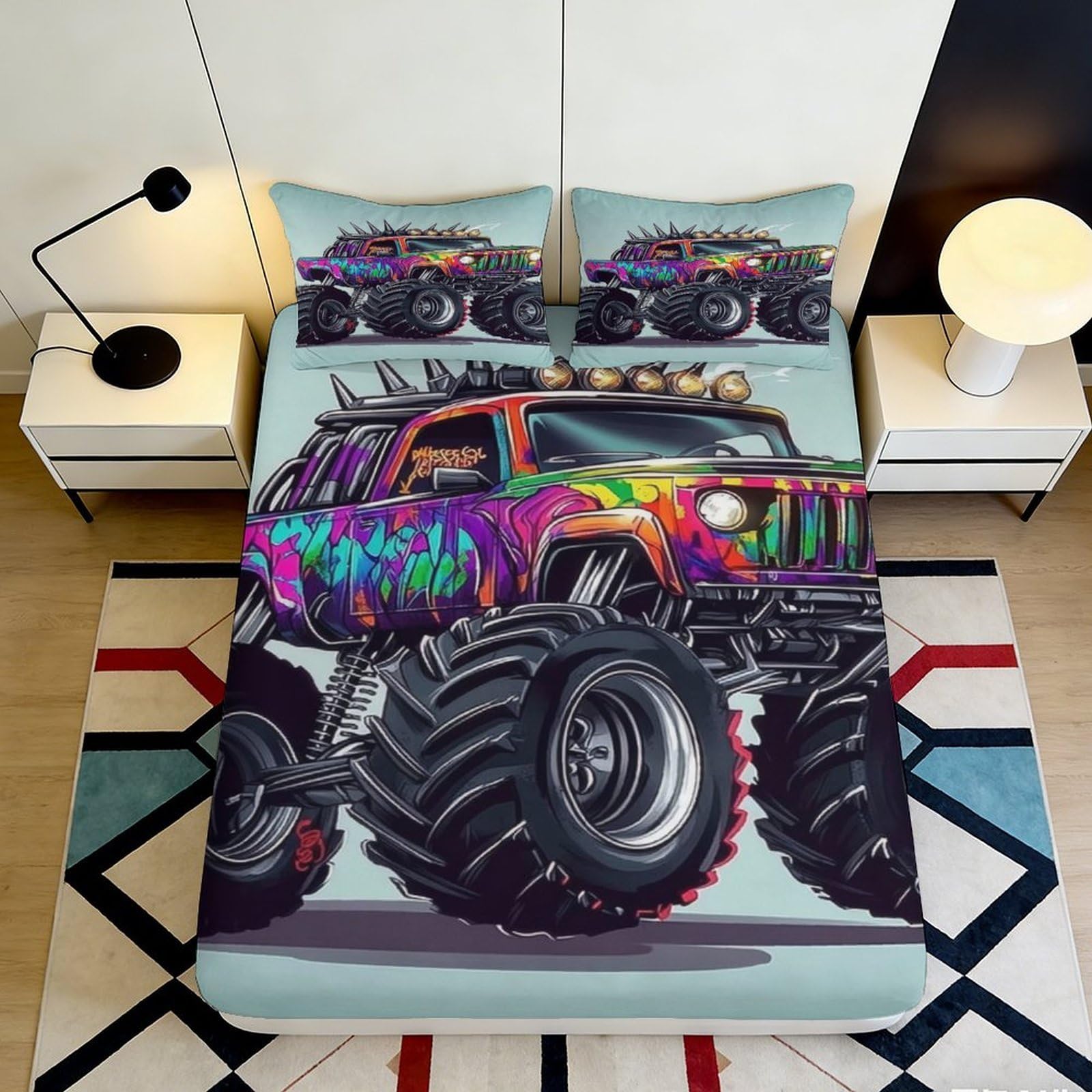 3D Printed Monster Truck Fitted Sheet Microfiber Soft Durable Colorful Bed Cover for Bedroom Dormitory Guest Room Mattress Protection 180x200x25cm