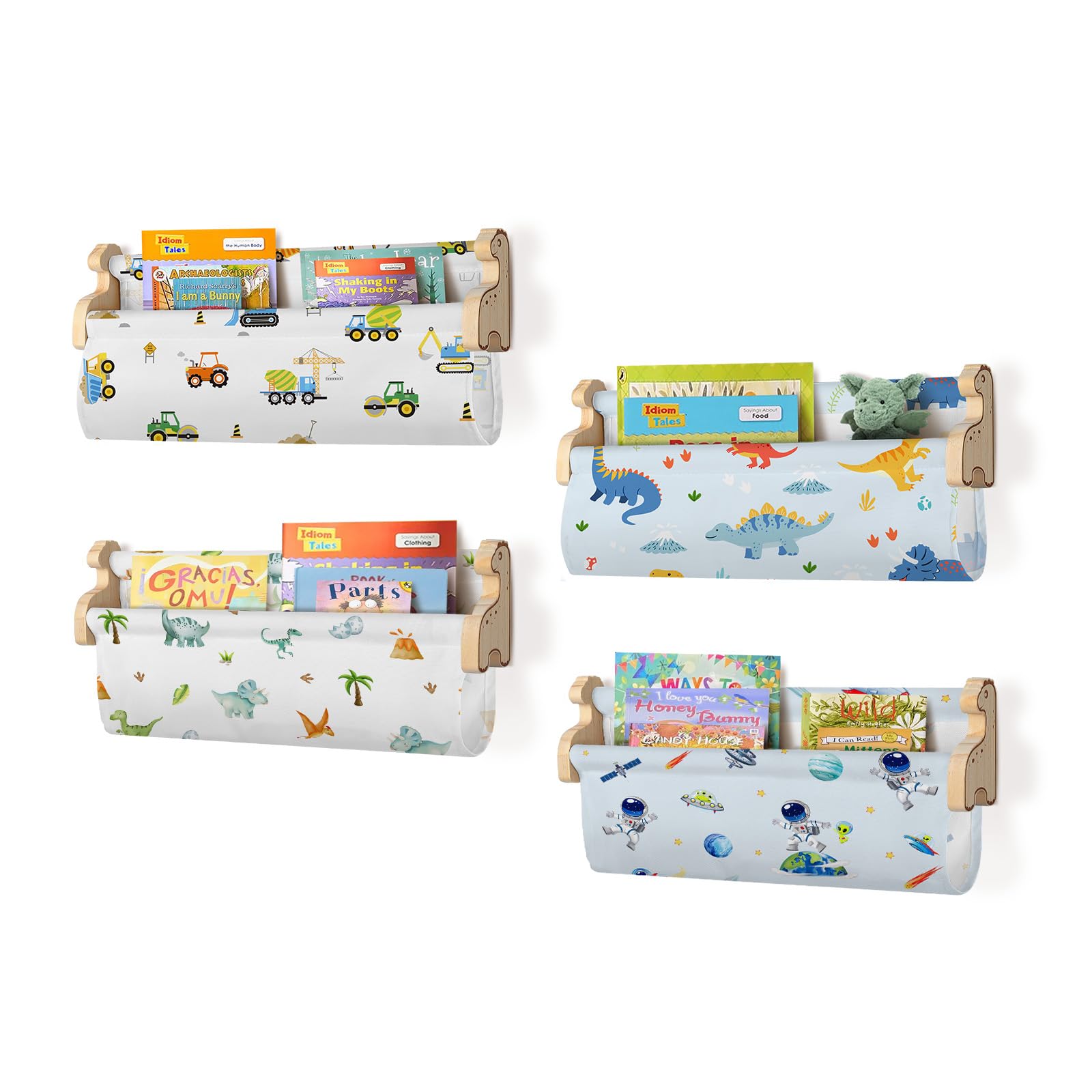 Decalsweet Kids Bookshelf,Set of 4 Floating Book Shelves for Wall,Wooden Book Shelf for Kids Room Classroom Nursery Decor,Gift for Boys Toddler Children,Dinosaur