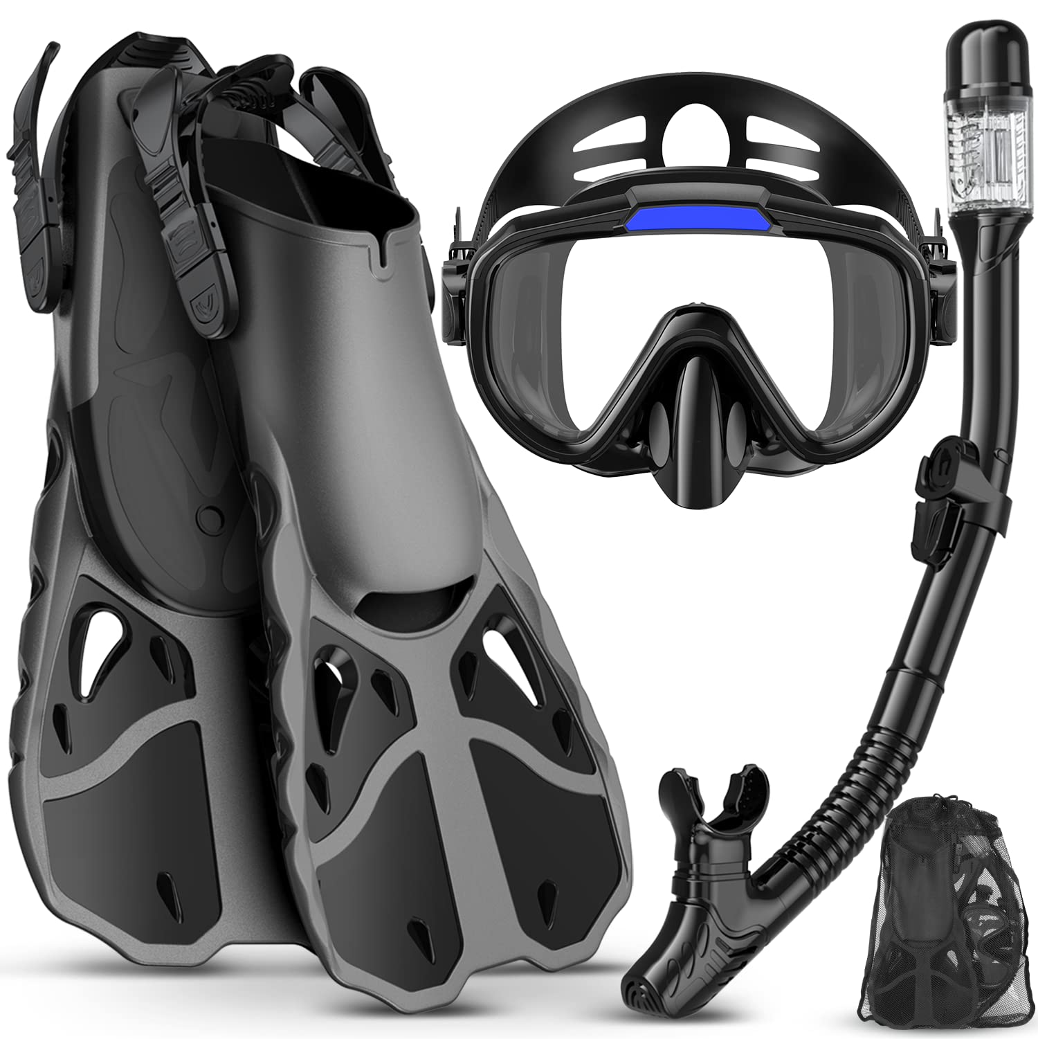 Vengreedo Snorkel Set with Fins for Adults, Snorkeling Gear for Adults Men and Women, Snorkle, Mask Set Adults Dry Top Snorkel Mask Combo Set with Travel Bag for Snorkeling, Diving, Swimming