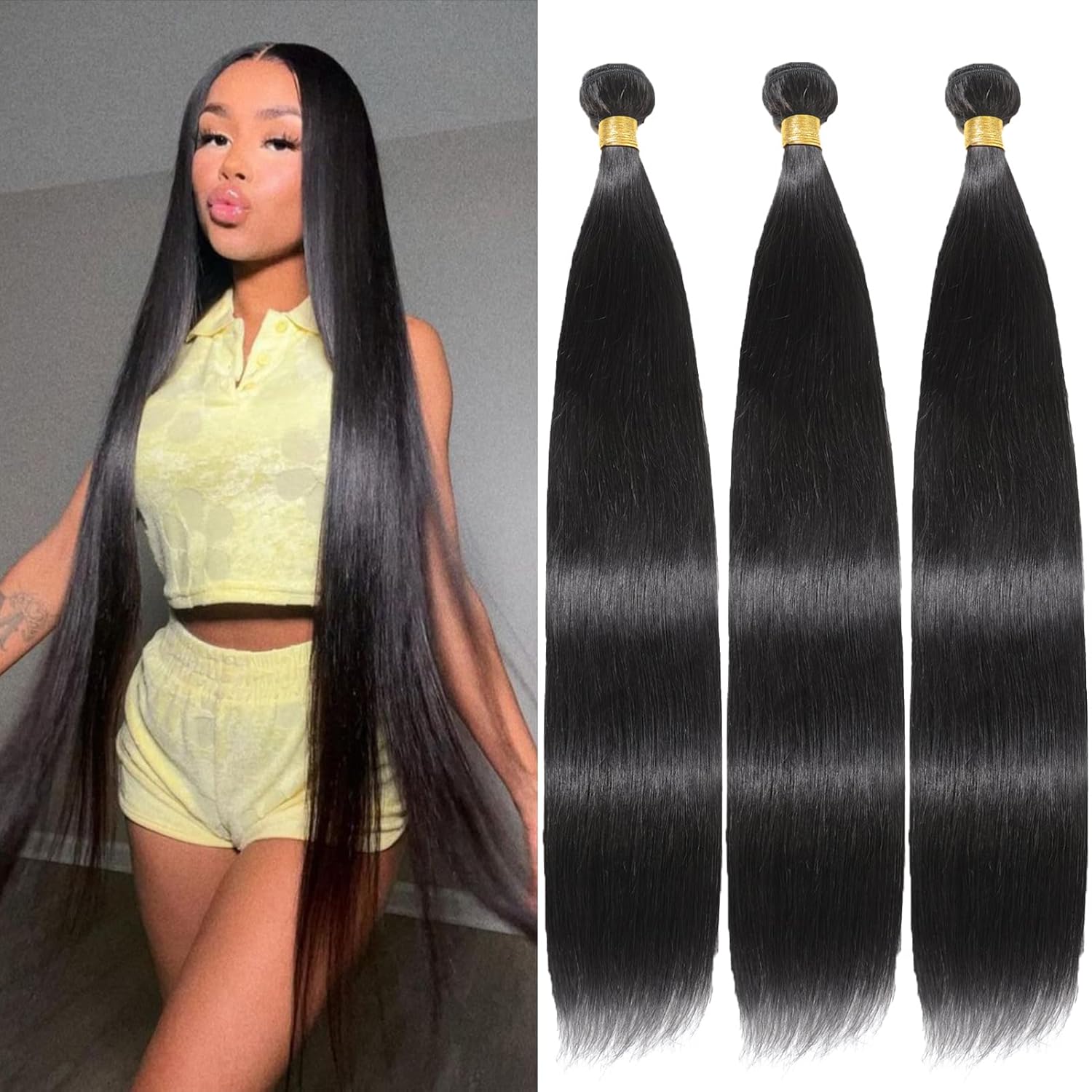 Straight Human Hair Bundles 12A Brazilian Human Hair 3 Bundles 100% Unprocessed Virgin Human Hair Weave Straight Bundles Human Hair Extensions Natural Black Color 32 34 36 Inch