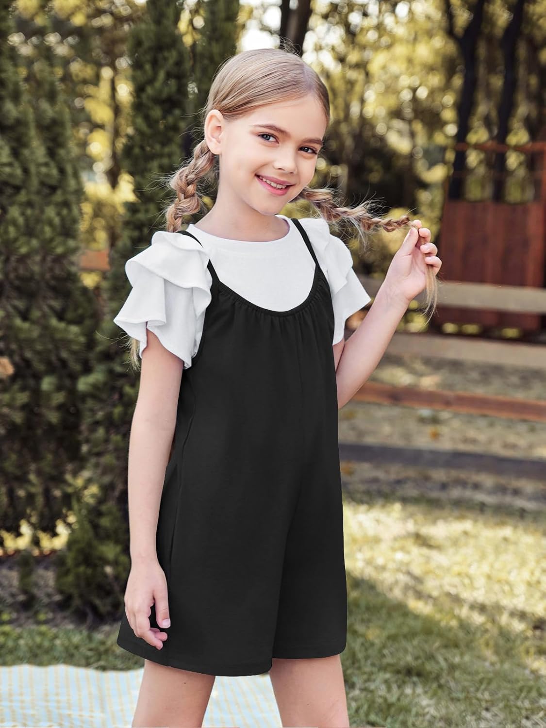 Haloumoning Girls Sleeveless Romper Kids Summer Casual Spaghetti Strap Short Jumpsuit with Pockets 5-14 Years - Image 4