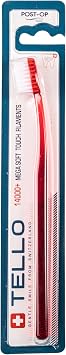 TELLO 14000 Adult Mega Soft Post-Op Toothbrush for Gentle Cleaning with Ergonomic Handle, Made in Switzerland, Colors Vary