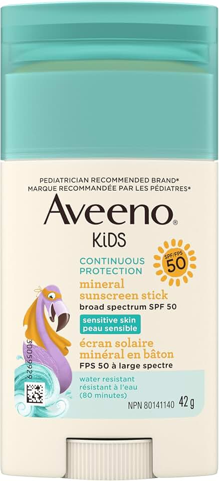 Aveeno Kids Continuous Protection Zinc Oxide Mineral Sunscreen Stick for Sensitive Skin, Face & Body Sunscreen Stick for Kids with Broad Spectrum SPF 50, Sweat- & Water-Resistant, 42g