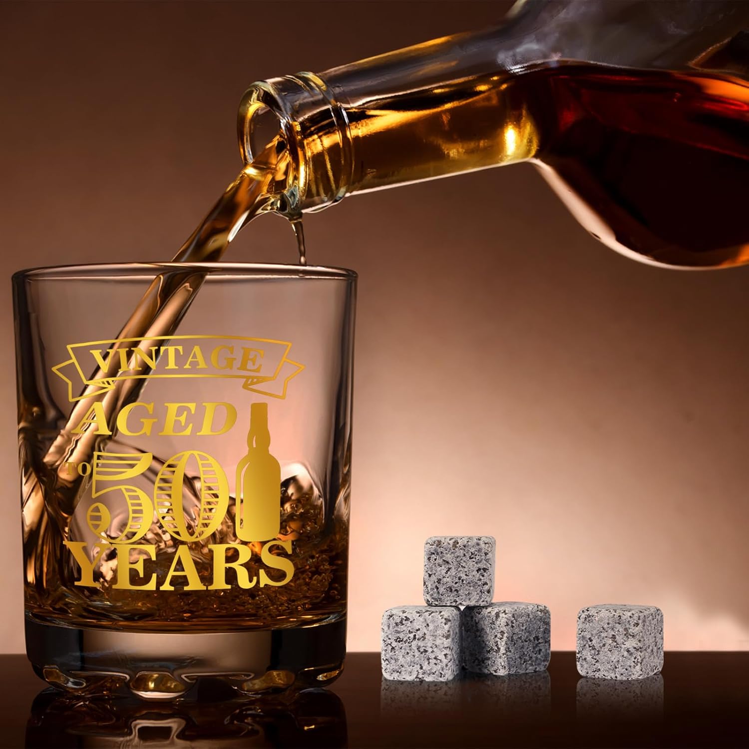 50th Birthday Gifts for Men - Vintage Whiskey Glass Set, 50th Birthday Decorations for Men Gift Ideas for Him, Husband, 50 Year Old Man - Wood Box & Whiskey Stones & Coaster & Anniversary Card - Image 5