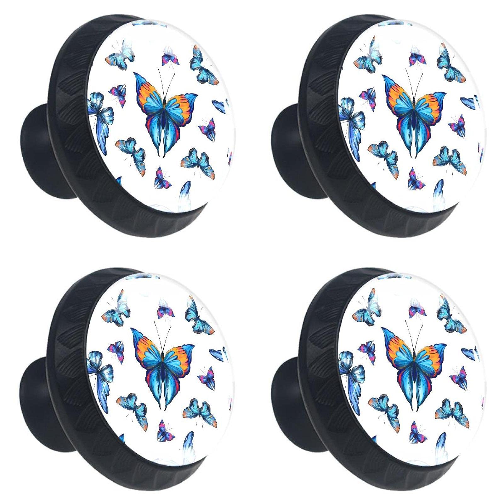 Boutons de tiroir en verre à motif papillon bleu pour meuble haut de gamme