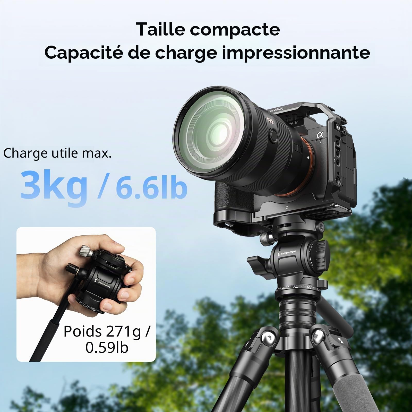 SMALLRIG Tête Vidéo CH3, Tête Fluide pour Trépied, avec Plaque à Dégagement Rapide pour Arca Swiss, Support Pivotant à 360° et Inclinaison à 90°/-70°, Charge Maximale 3 kg/6,6 LB pour Caméra - 4936