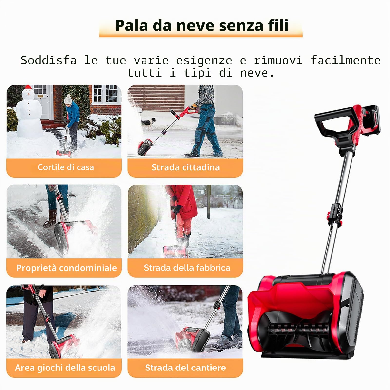 Pala da Neve elettrica, Pala da Neve Leggera e Staccabile per vialetto, Distanza di Lancio 26 Piedi, Pala spazzaneve per vialetto, Batteria da 4,0 Ah + caricabatteria
