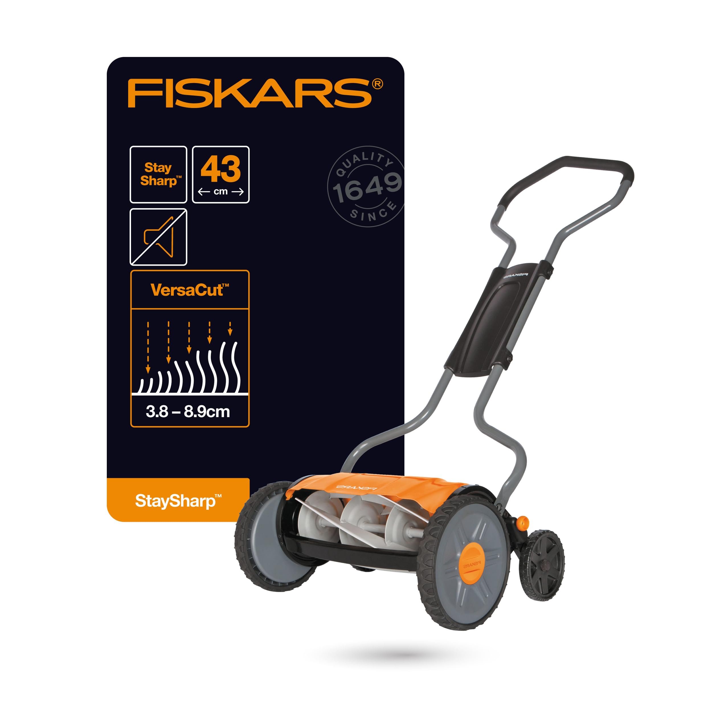 Fiskars Cortacésped manual, Cortacésped cilíndrico con sistema de corte sin fricción de las cuchillas, Largo de corte: 43 cm, StaySharp Plus, Negro/Naranja/Plateado, 1015649