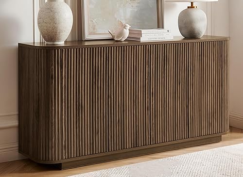 Miniatura 11 de LKTART Aparador de 64 pulgadas con almacenamiento, armario de almacenamiento de madera acanalada, aparador Credenza con estantes ajustables, resorte