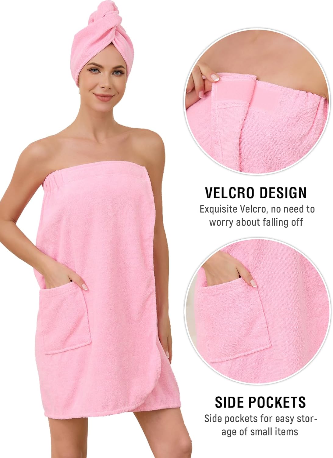 Air Curvey Soft Wrap Towel for Women Lightweight Spa Body Wrap Shower Wrap Robe Adjustable Closure Bathrobe with Pocket Pink S/M - Image 6