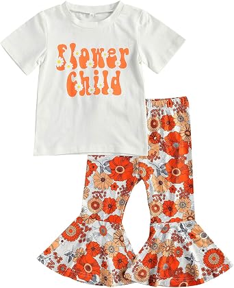 Toddler Baby Girl Short Sleeve Letter Print T-Shirt Top Floral Bell Bottom Pants 2Pcs Spring Summer Outfit
