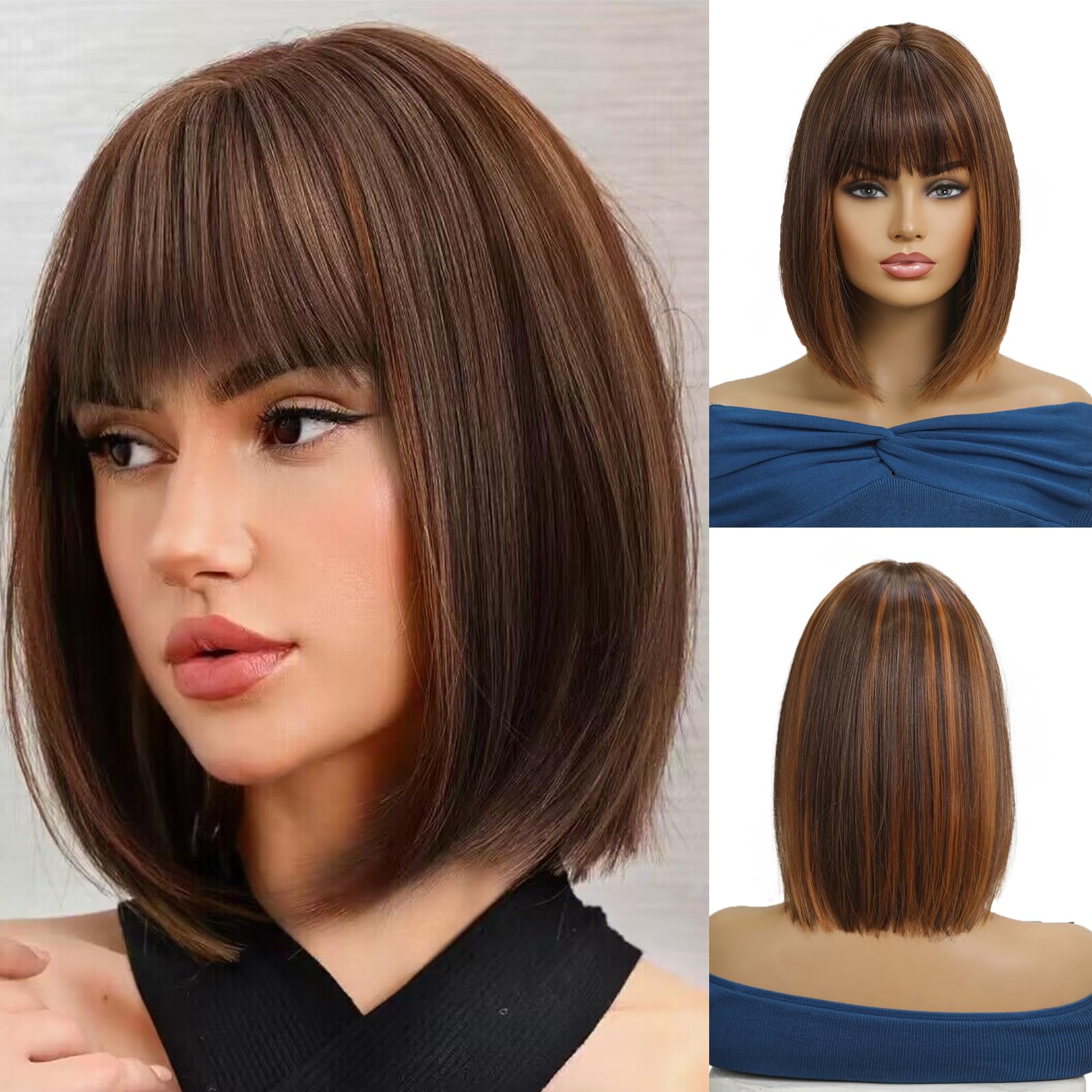 Perruque Courte Femme Eleonore - Châtain Méché Cuivré - Synthétique Bouclé - Neuf Avec étiquettes