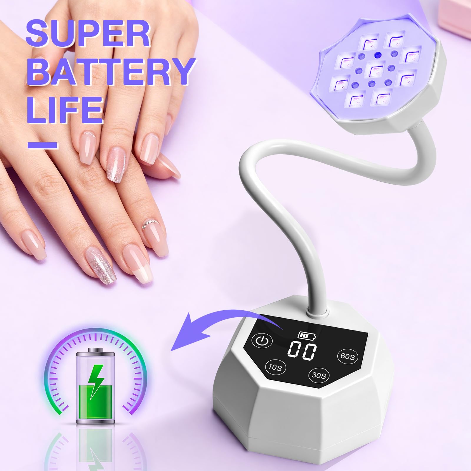 Lampada UV LED per Unghie Weiße Lotus - Sensore Intelligente 48W 365+395nm, Ricaricabile 1500mAh, Collo d'Oca Flessibile, Garanzia 365 Giorni