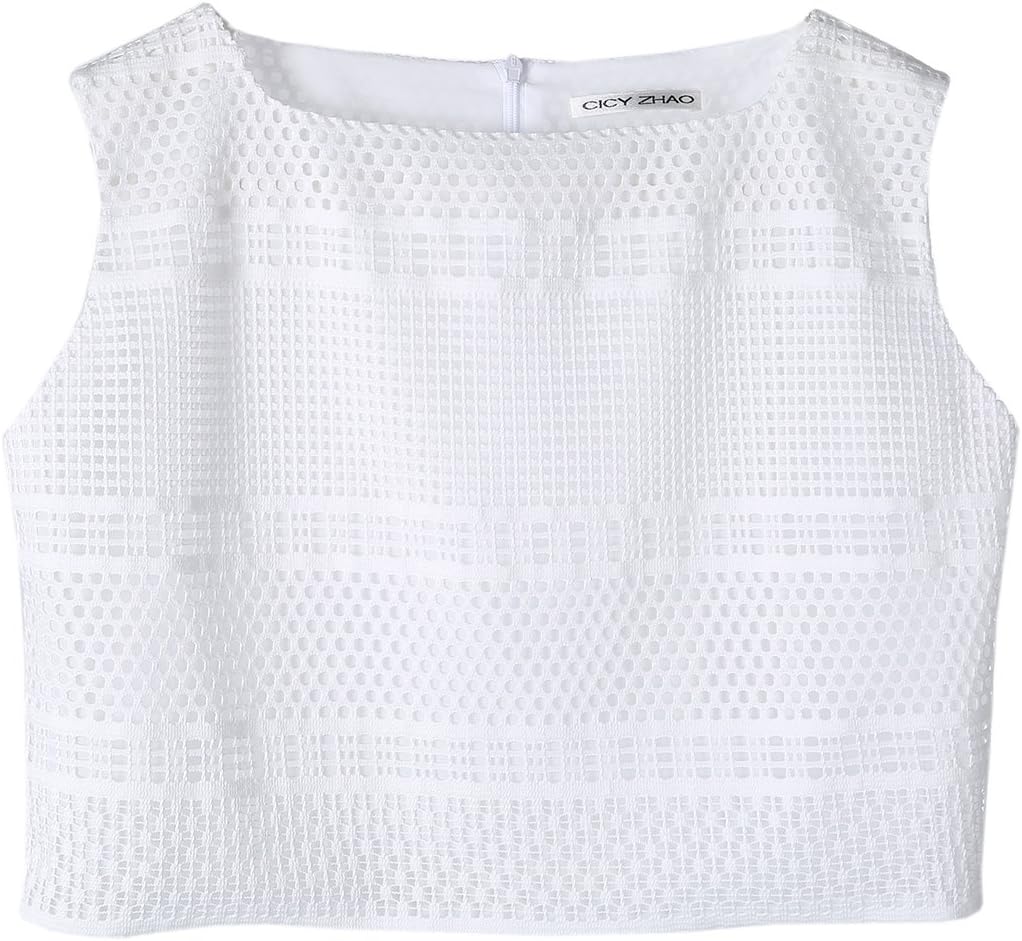 CICY ZHAO Women's Stylish Lace Solid Sleeveless Boat Neck Crop Top, White M