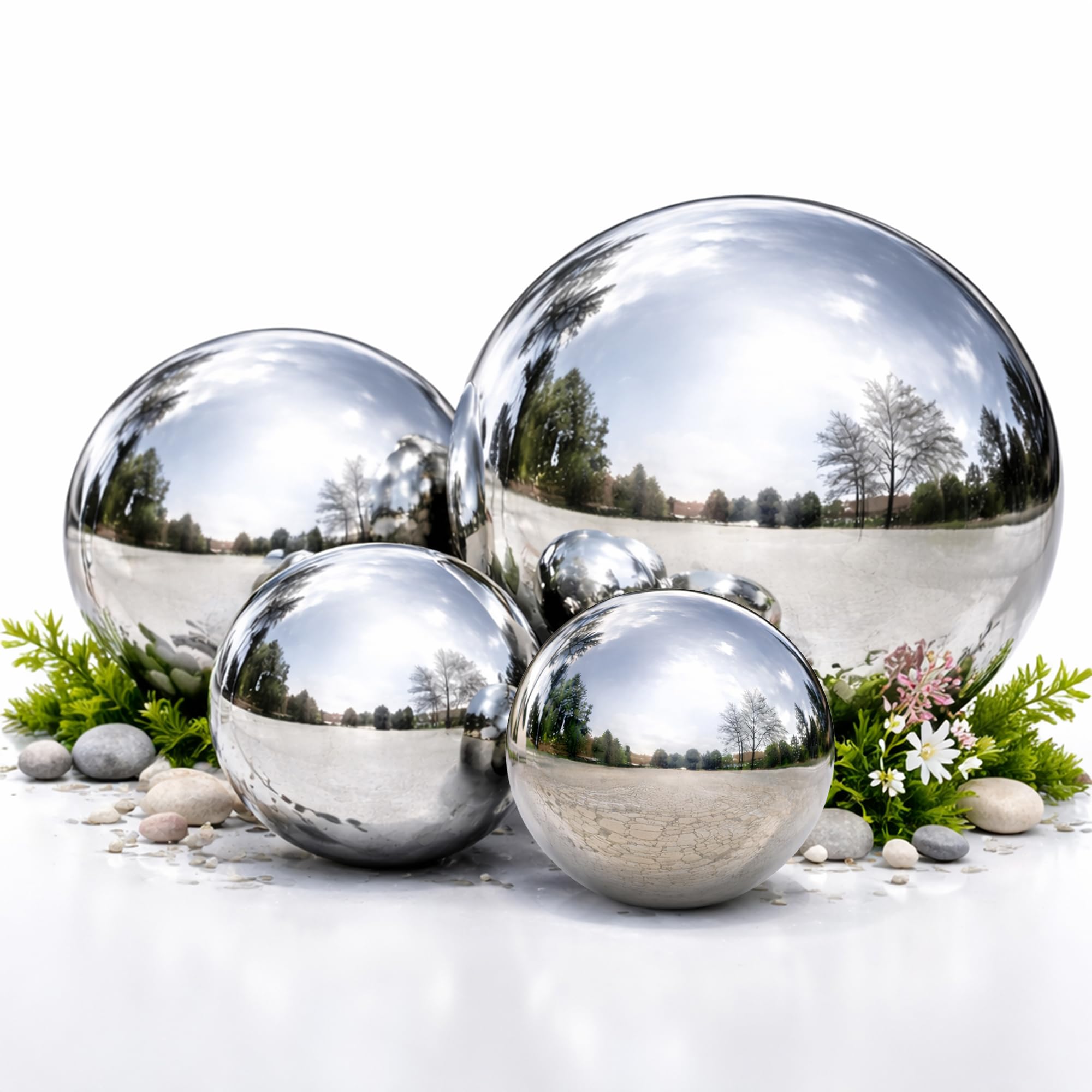 ZMR SHOP CRAFT Set of 4 Reflective Gazing Balls for Garden – Stainless Steel Mirror Polished Garden Spheres – Rust Resistant Weatherproof Silver Garden Balls for Lawn, Pond & Outdoor Décor