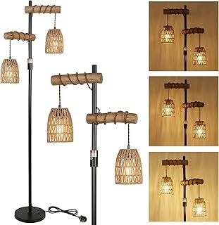 Rayofly Industrial Floor Lamps for Living Room, 2-Lights Dimmable Wooden Floor Lamp with Rattan Lampshade, Boho Rattan Floor Lamp, Black Standing Reading Lamp, Rustic Floor Lamp for Bedroom, Corner
