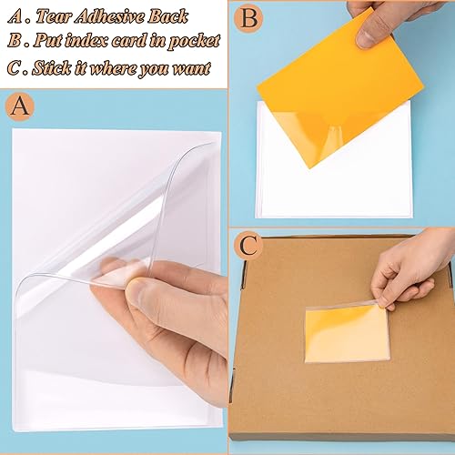 Vista 10 de Antner Paquete de 52 bolsillos autoadhesivos para tarjetas de índice para tarjetas de 3 x 5 pulgadas, soportes de plástico transparente abiertos