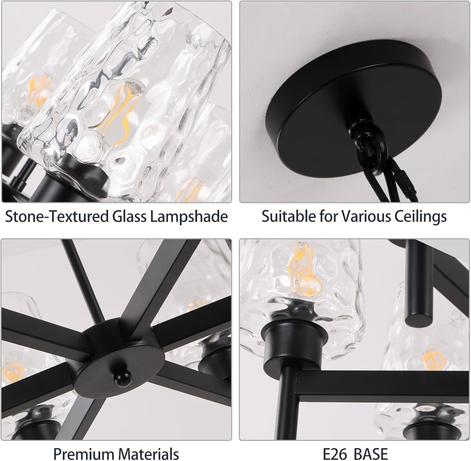 Black Chandelier, 6-Light Industrial Hanging Light Fixture with Stone Texture Glass Shades, Adjustable Height Hanging Pendant Lights for Dining Room Living Room Entryway Foyer Bedroom