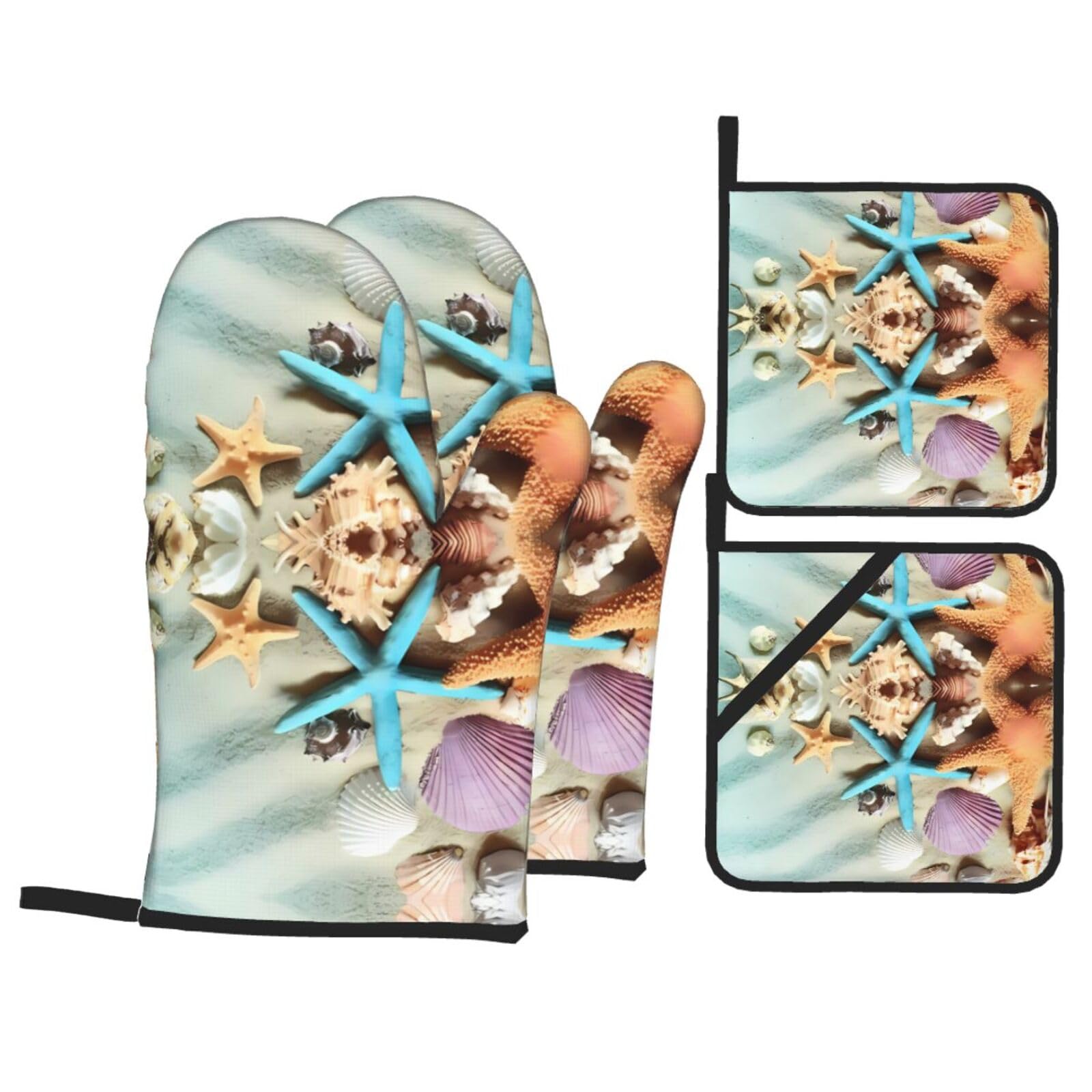HJFCZH Seashells Starfish Prints Kitchen Covers: Waterproof Oven Layers for Safe Cooking & Easy Cleanup - 4 Piece Heat Protection Set
