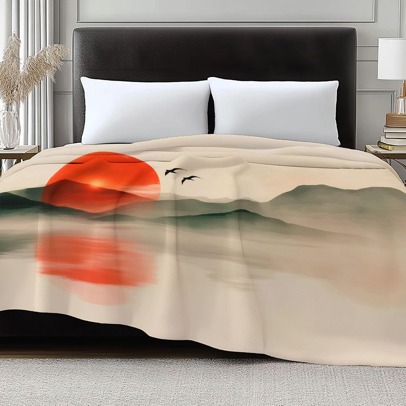 Koc Sherpa 180 x 200 cm minimalistyczny krajobraz pled ciepły i wygodny koc puszysty kremowy dwustronny przyjazny alergikom na krzesło sofa łóżko biuro