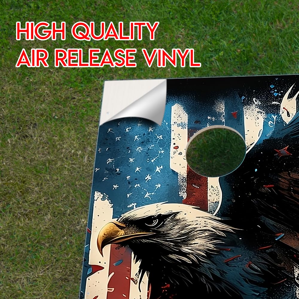 Custom Hunter's Adventure Cornhole Board Wraps Kit | Vinyl Decals for Outdoors | Accessories Included | Made in USA | Premium Cornhole Vinyl Skins - Bald Eagle American Flag